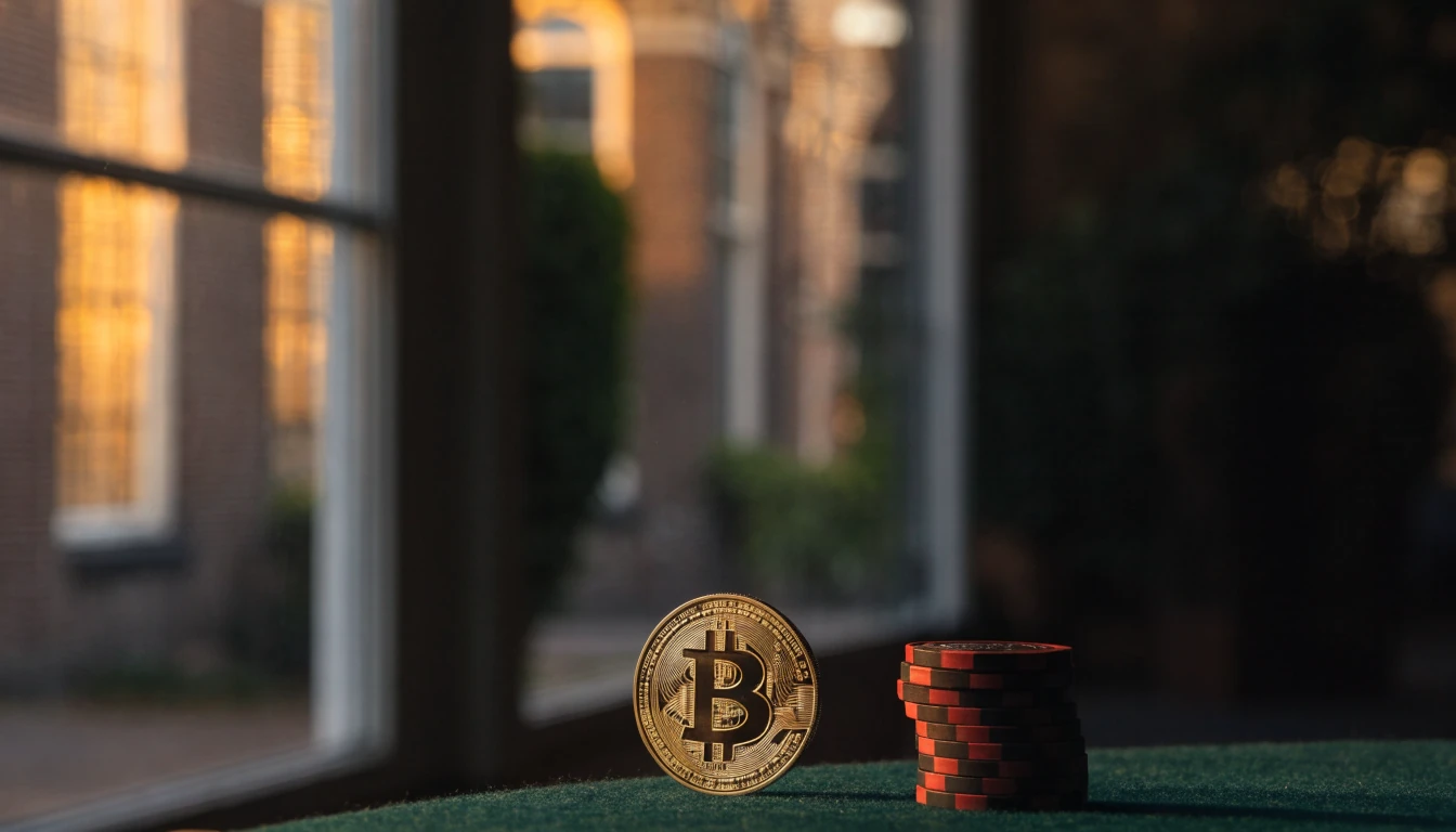 Bitcoin munt en casinofiches op groene vilttafel met grachtenpand op de achtergrond