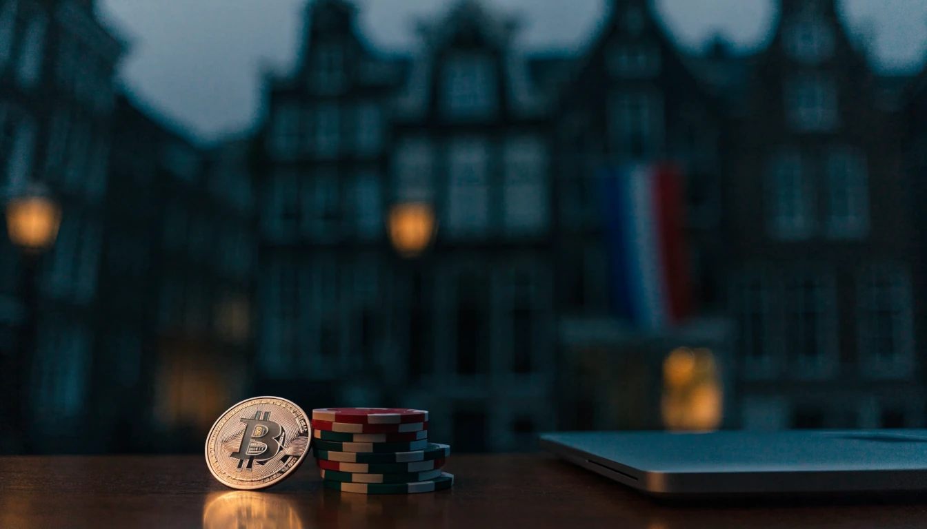 Bitcoin Cash-munt naast casinofiches op een tafel met een gesloten laptop