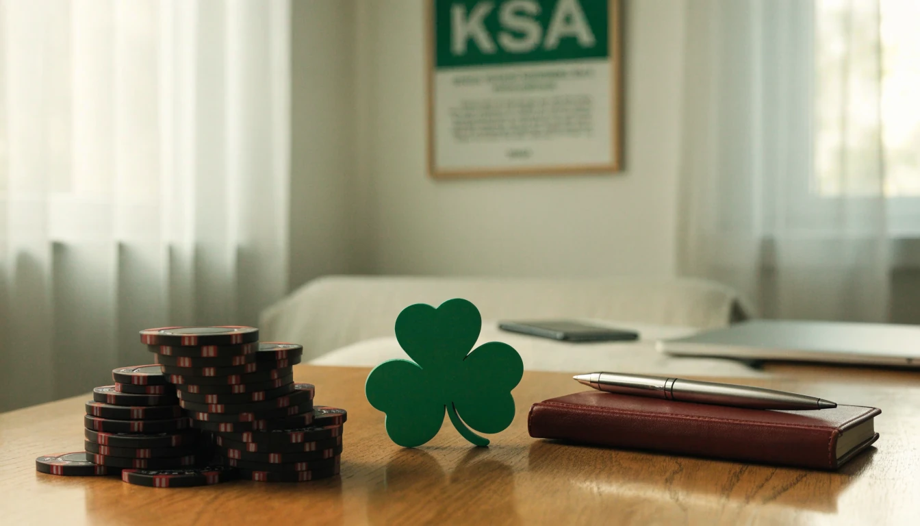 Stapel casinofiches, notitieboek en verborgen apparaten in een rustig Nederlands interieur.