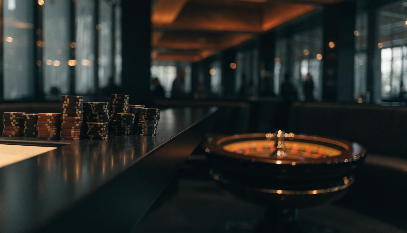 Sfeerbeeld van een casino lobby met fiches en roulettewiel