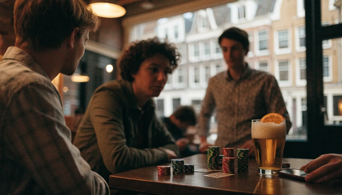 Nederlandse vrienden spelen poker met fiches in een gezellig Amsterdams café