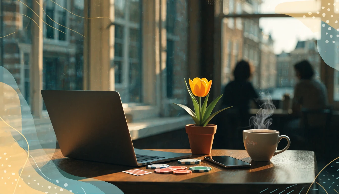Nederlands cafétafel met speelchips en telefoon, crypto casino sfeer