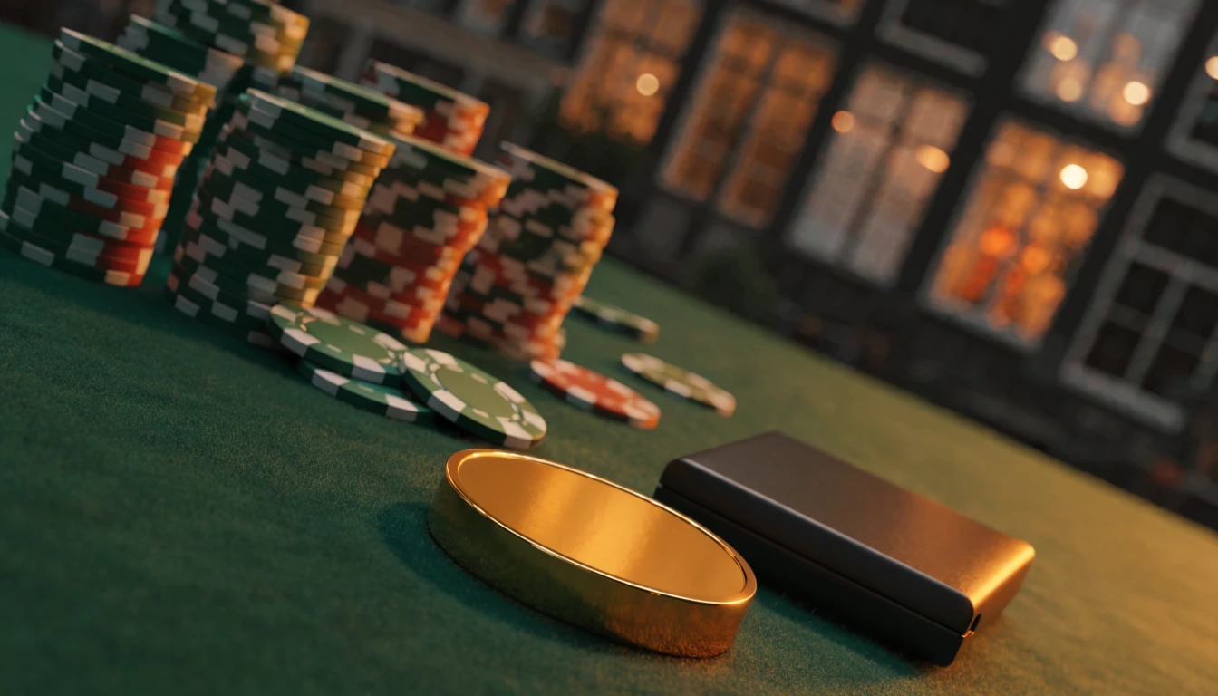 Casino tafel met USDC-munt, chips en hardware wallet in Nederlandse sfeer
