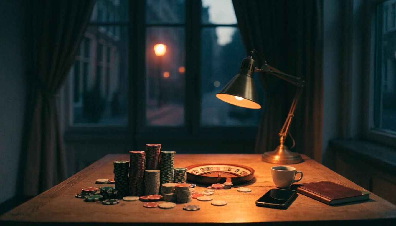 Sfeerbeeld van een tafel met pokerfiches en roulette in een Amsterdams grachtenpand bij schemering.