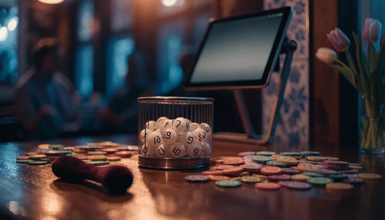 Sfeervolle Nederlandse bingo casino lounge met bingokooi en chips