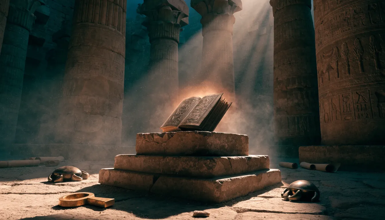 Verlichte oude Egyptische tempel met open mysterieus boek op een stenen voetstuk